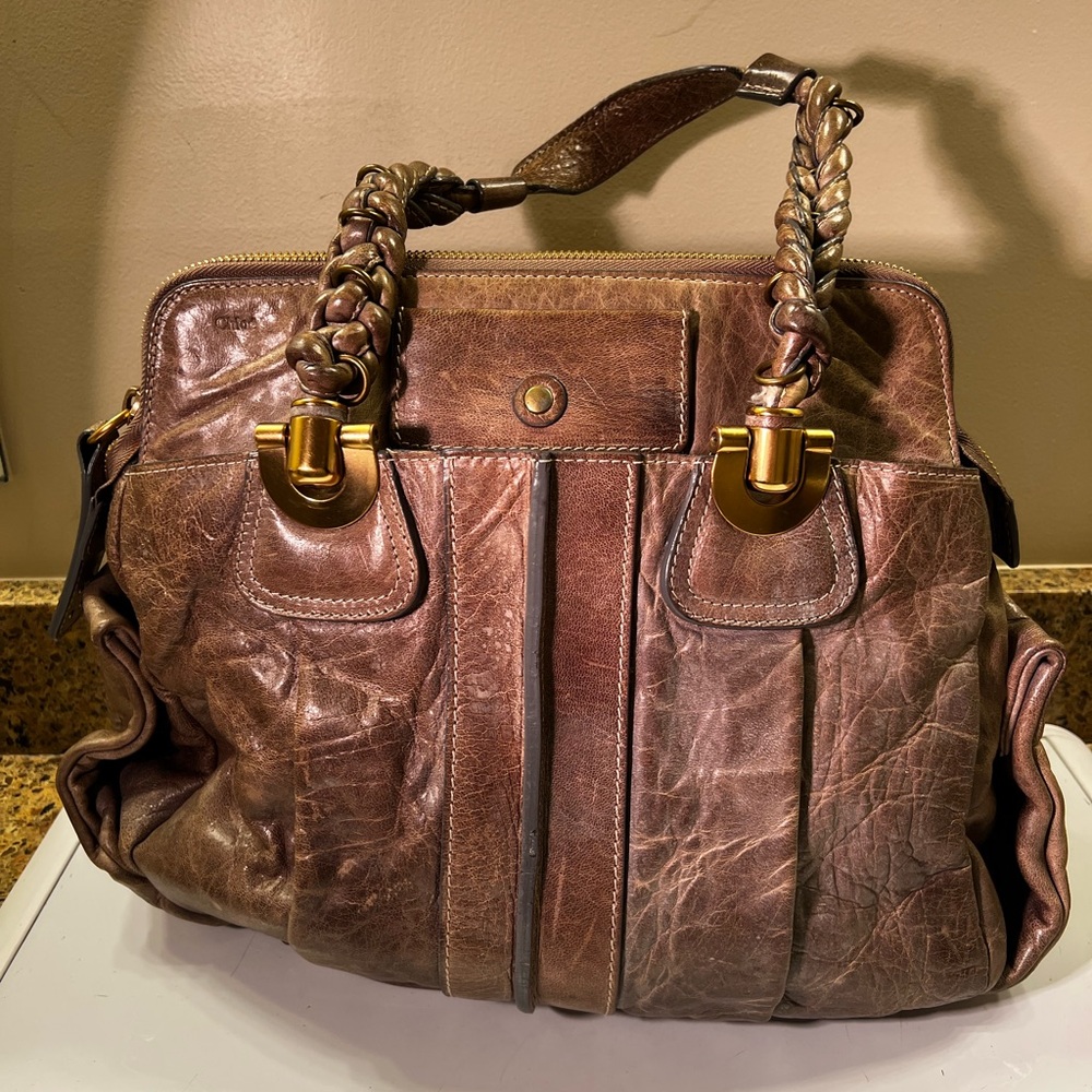 Chloe Heloise Brown Distressed Leather Shoulder Bag with Gold Accents Vintage - Picture 9 of 15